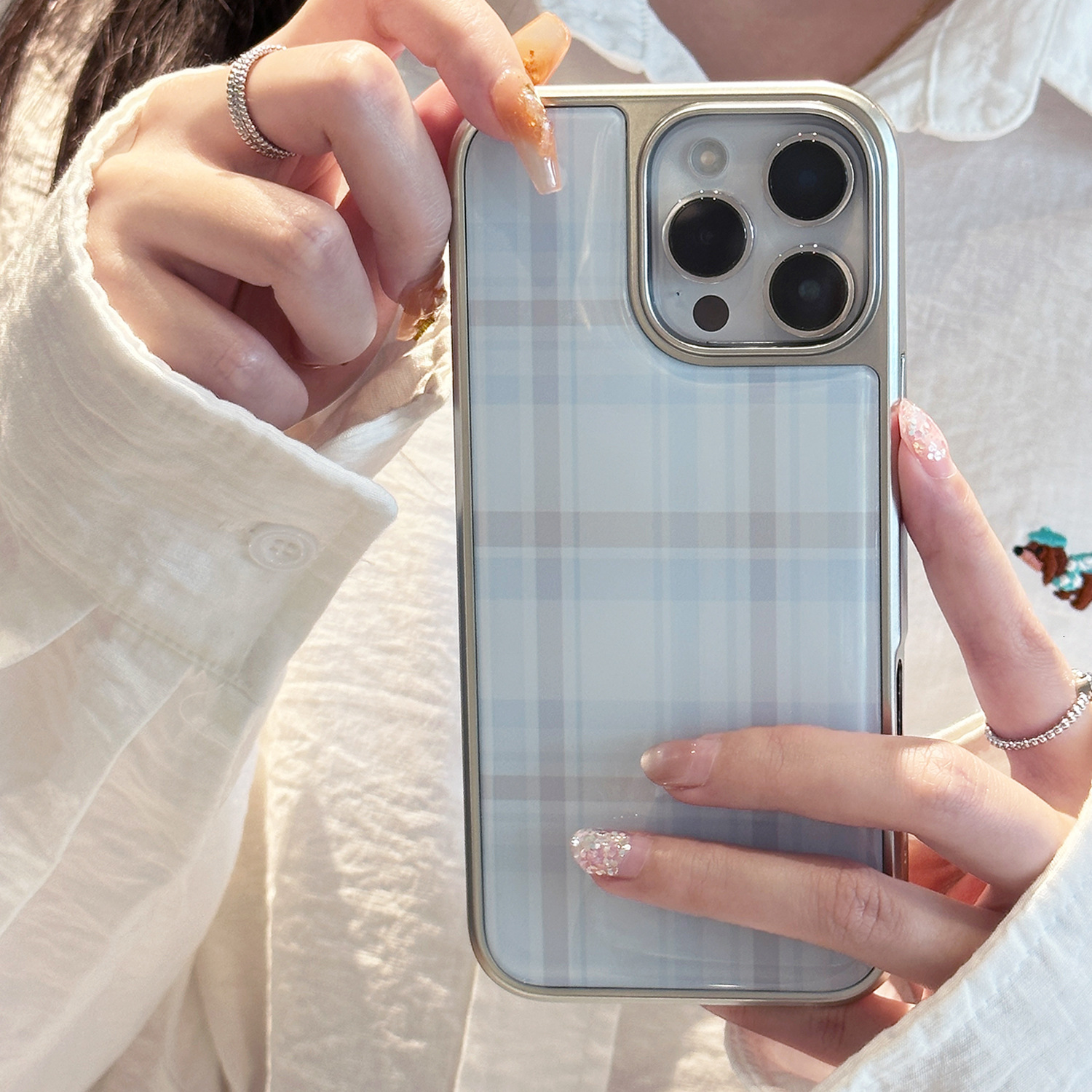 Compatible with iPhone 17 Pro Max Case, Aesthetic Cute Elegant Blue Plaid Pattern Soft TPU Hard Back Shockproof Protective Cover for Women Girls