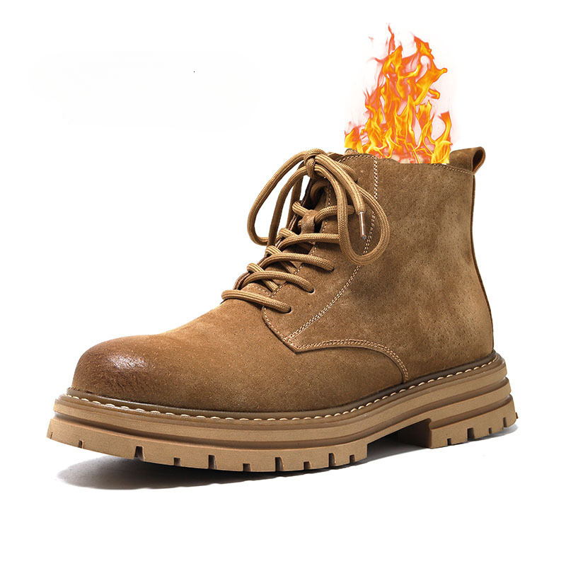 New men's Martin boots winter wool lining high top British retro style yellow boots leather casual mid top work shoes designer shoes