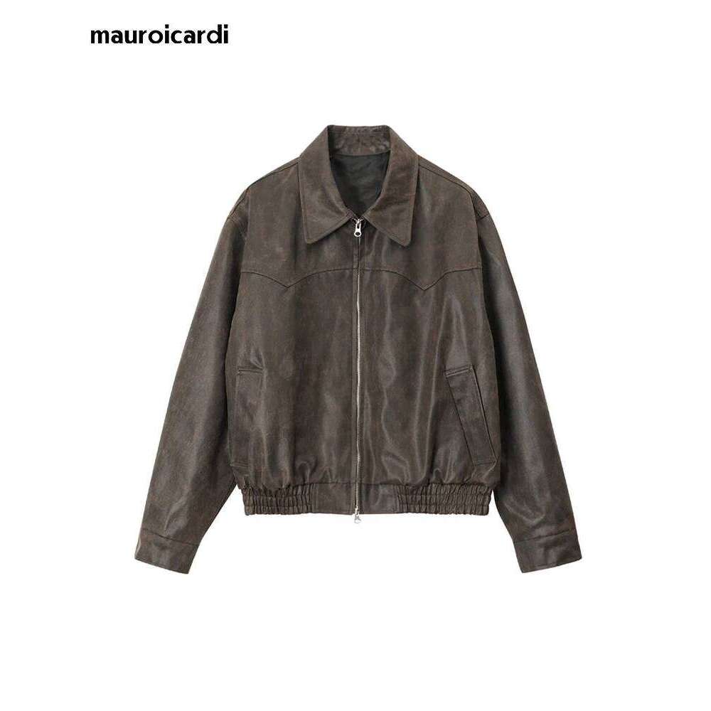 Mauroicardi Spring Autumn Vintage Lightweight Distressed Washed Brown Pu Leather Jacket Men Zipper Casual Korean Fashion Clothes