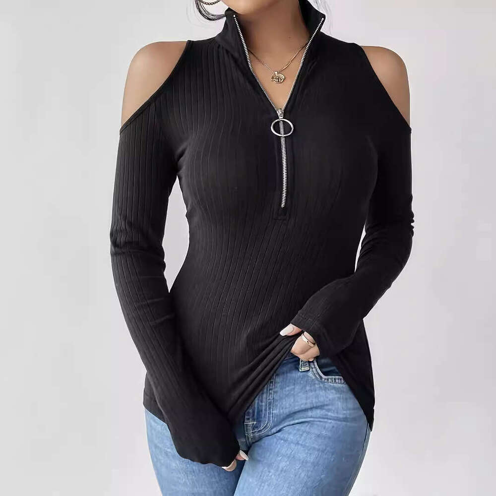 2025 Elegant Women's Solid Color Ribbed Zipper Stand Collar Off-Shoulder Long Sleeve T-Shirt Slimming Top
