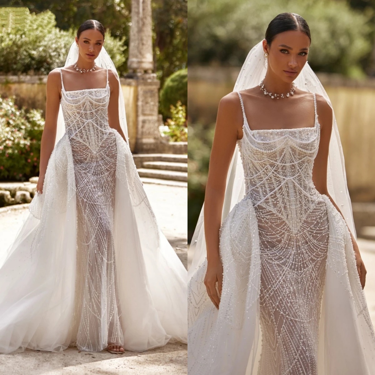 Gorgeous Wedding Dresses Pearls Spaghetti Straps Bridal Gowns Detachable Train See Through Sleeveless Mermaid Customized Vestidos De Novia Plus Size