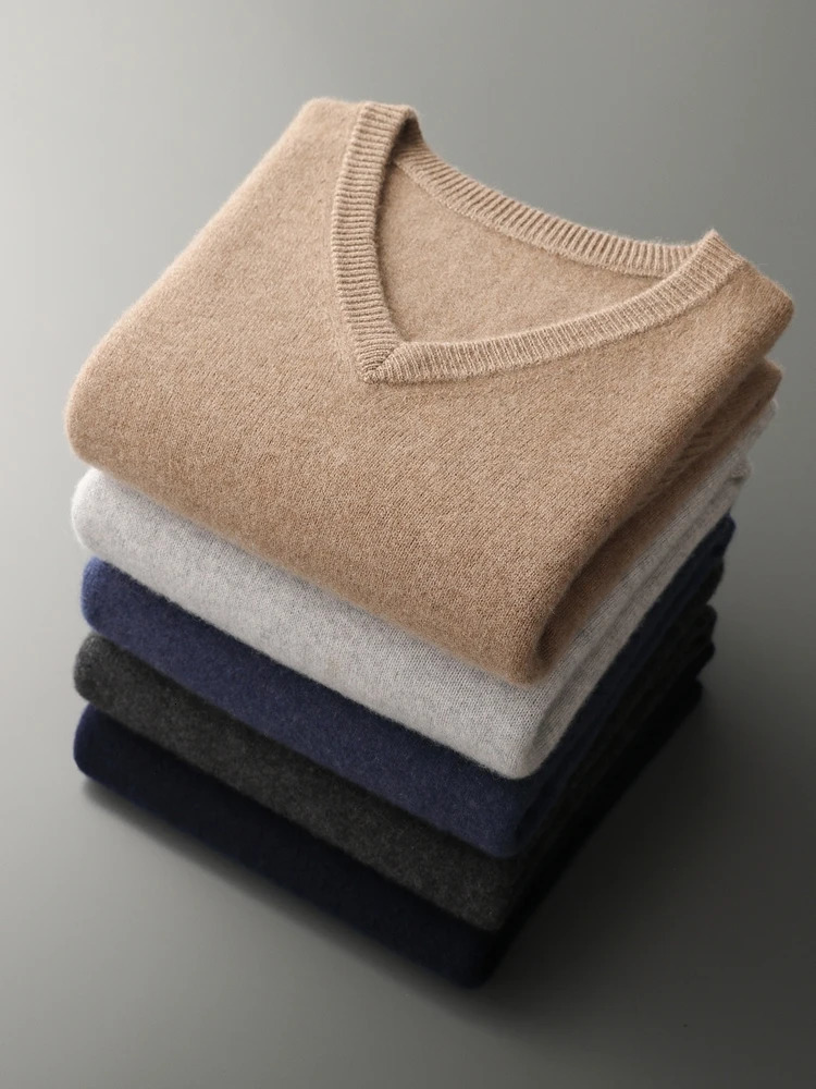 MEETCC 2025 Men 100 Cashmere Basic Pullover Autumn Winter VNeck Thick Warm Sweater Smart Casual Knitwear 250929