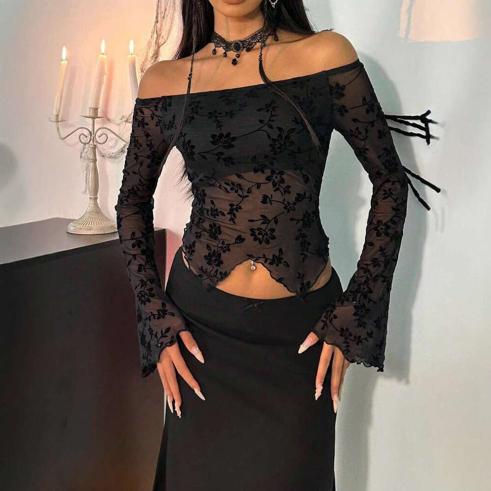 2025 Autumn Winter New Elegant Women's Black Floral Mesh Off Shoulder Flared Sleeve T-Shirt Top for Women