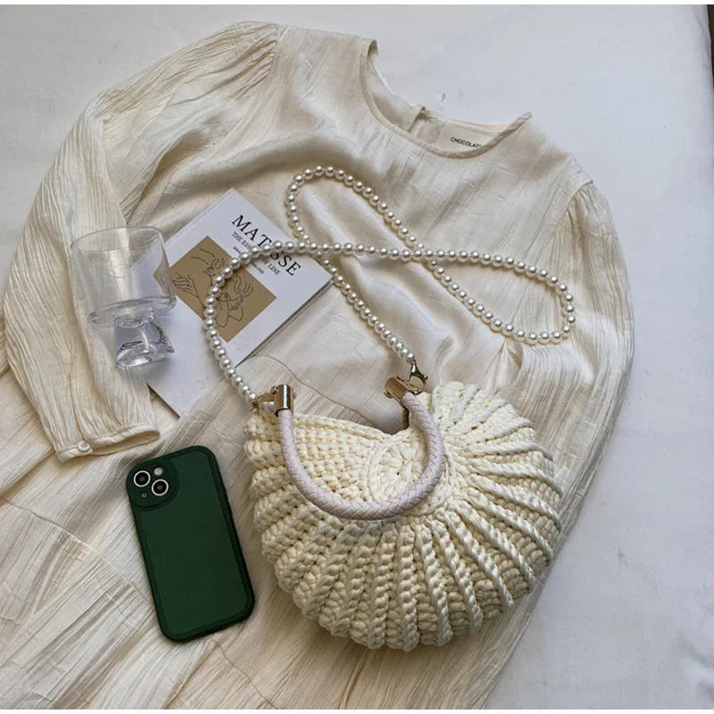 Conch Shell Knit Crochet Crossbody Shoulder BagPearl Chain Handmade Woven Women Sling BagElegant Delicate Cute Compact Purse 250930
