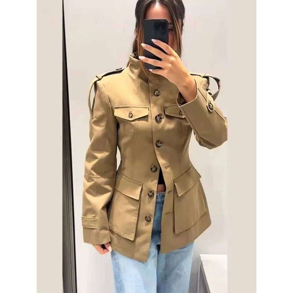 Tidalyf 2025 New Women Casual Jacket High Neck Single Button Shoulder Cuff Strap Pocket Design Chic Fashion Autumn