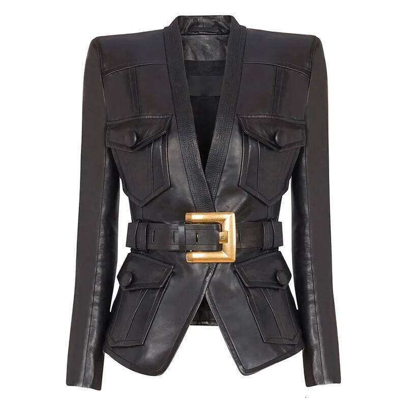 2025 Early Autumn New Fashion Belted Slim Fit Leather Jacket Coat