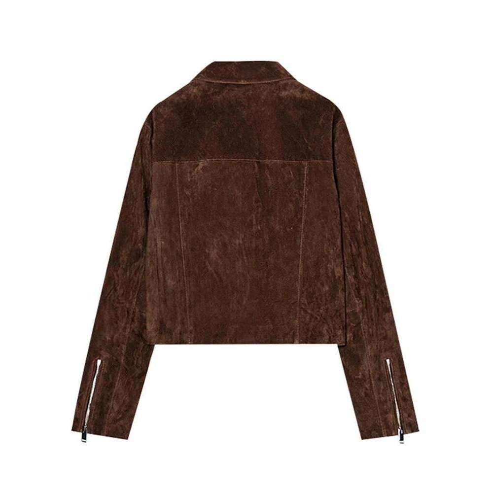 Vintage Women's Zipper Suede Short Jacket Long Sleeve Lapel Pockets Brown Slim Coat 2025 Autumn Lady All-Match Outwears
