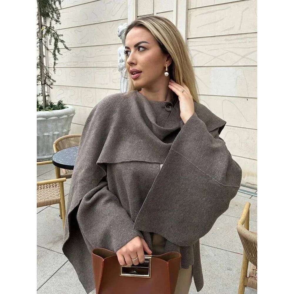 Ladies Autumn Winter Women Casual Commuter Knitted Loose Oversize Coat Asymmetric Elegant Split Chic Scarf Jacket