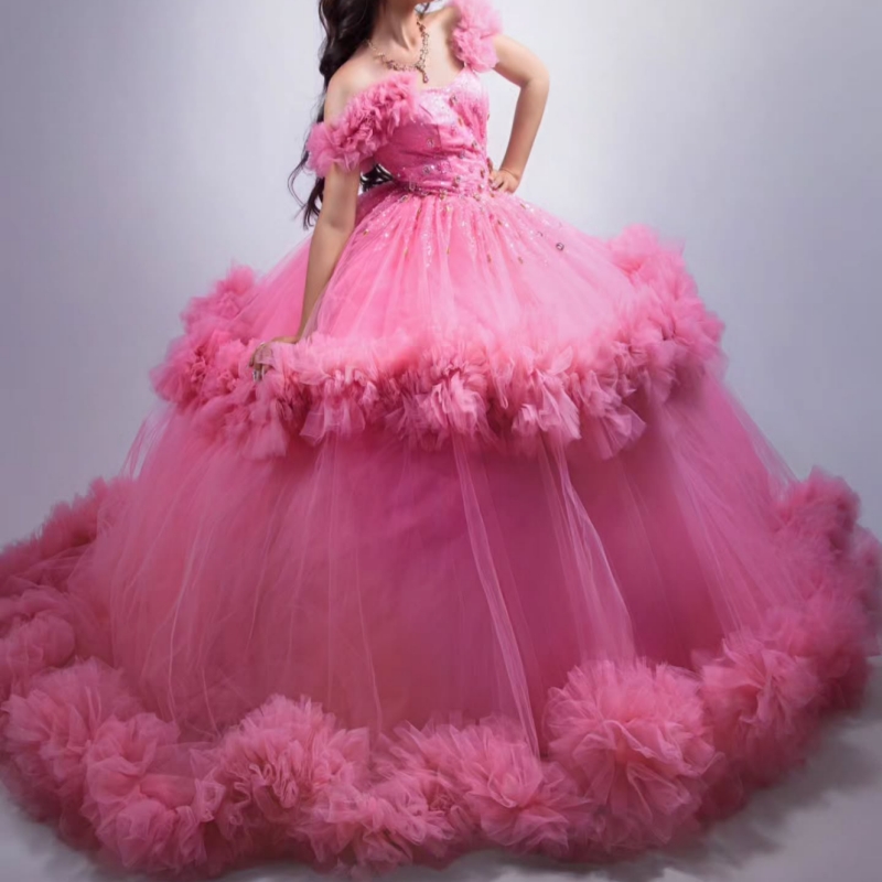 Pink Shiny Quinceanera Dresses Off The Shoulder Beading Crystal Tiered Tull Party Birthday Sweet 16 Dress Vestidos 15 De Anos