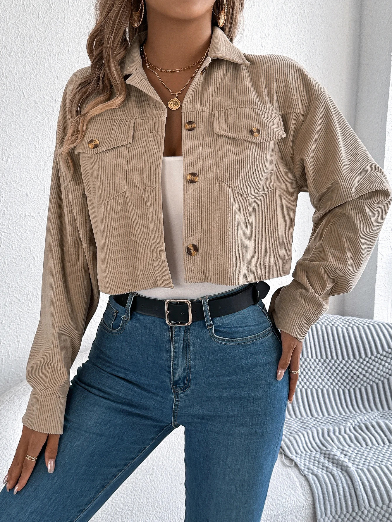 Autumn Winter Crop Jacket Woman 2025 Casual Pocket Single Breasted Long Sleeve Lapel Black Pink Khaki Short Corduroy Coats 250930