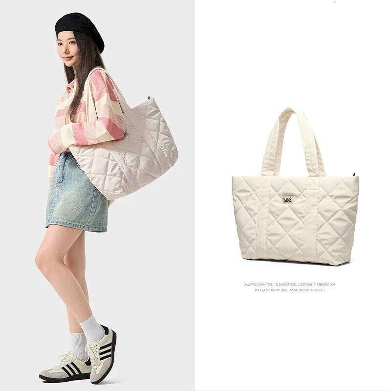 LEE Large Soft Puffer Women Big Size College Students Laptop Book Quilted Tote Bag Lady Down-Filled Shopping School Bags