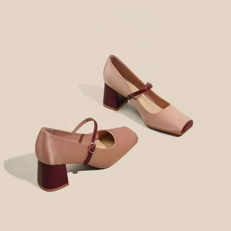 High heels Designer Shoe Women 2025 Autumn Genuine Soft Leather Pink Pig Nose Square Toe French Style heelegant Chunky heel Mary Jane Single Shoes