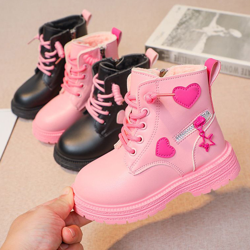Girls Ankle Fashion Princess Kids PU Leather Rubber Outsole Toddler Children's Short Boots Walkfashion Autumn Winter Zipper Pink with Love Heart 