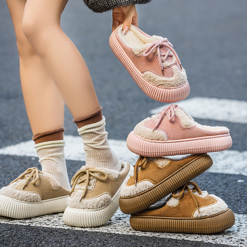 Korean Style Thick-Soled Winter 2025 New Plush Half for Women Outdoor Lace-Up Closed-Toe Cotton Slippers ddmymarket