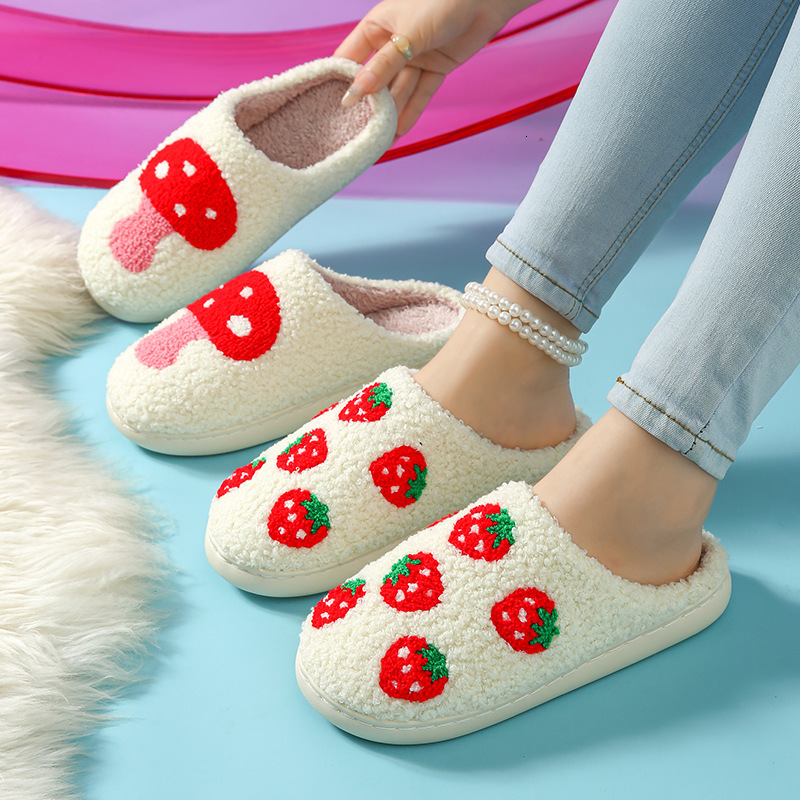 Mushroom Smiley Face Winter Plush Strawberry Rainbow Heart Towel Embroidered Cotton Slippers ddmymarket