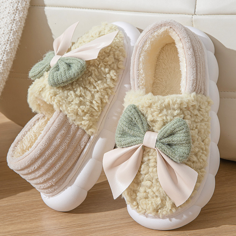 New Bowknot Heel Slippers Women, Thick Sole, Autumn and Winter Home Warm Maternity Shoes, Non-Slip Outdoor Cotton Shoes for Women ddmymarket