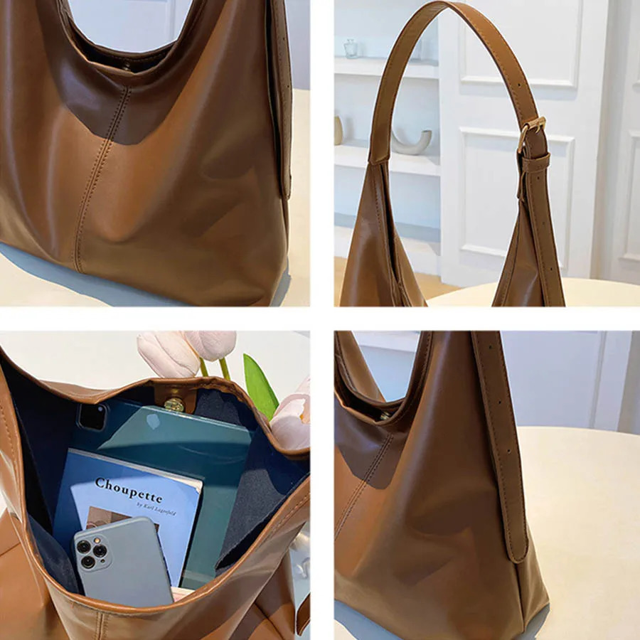 Trendy Casual Soft PU Womens Handbags Solid Color Large Capacity Female Shoulder Bag Retro Tote Bag For Commute Shopping 250929