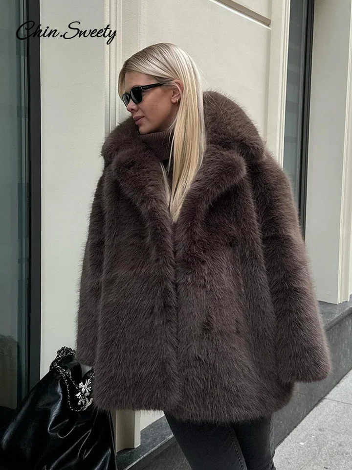 Womens Brown Faux Fur Coat Lapel MidLength Loose Plush Furry Buckle Overcoat Winter Lady Thick Warm Outwear 250930