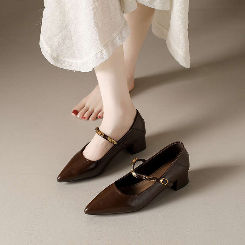 Designer Shoe Korean Style Chunky heel Mary Jane Women's 2025 New Autumn Pointed Toe Shallow Mouth Single Strap Shoes