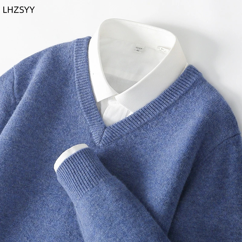 LHZSYY Mens VNeck Cashmere Sweater 23Autumn Winter Thick Solid Pullovers Loose Knit Base Shirt Business Casual Jacket Tops 250929