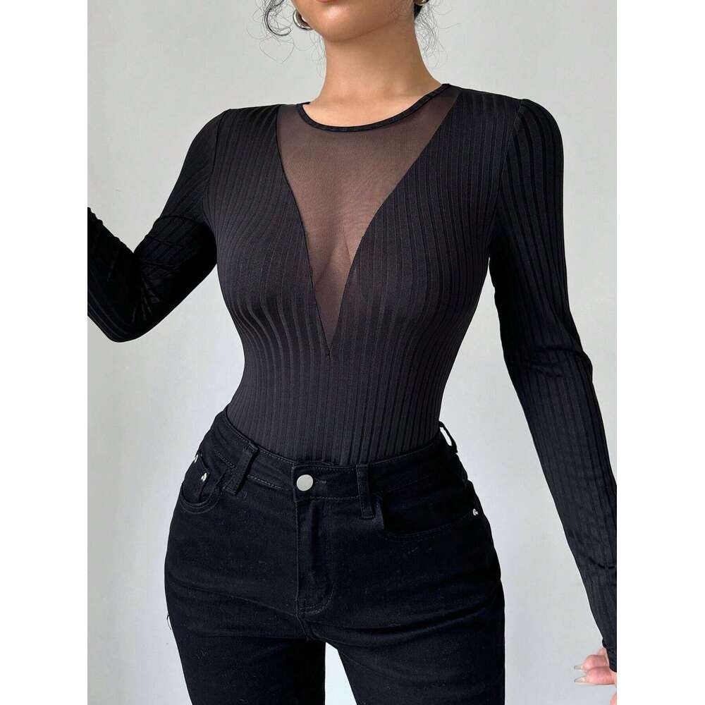 2025 New Women's Sexy Front Chest Mesh Patchwork Hollow Out Solid Color Long Sleeve T-Shirt Slimming Top