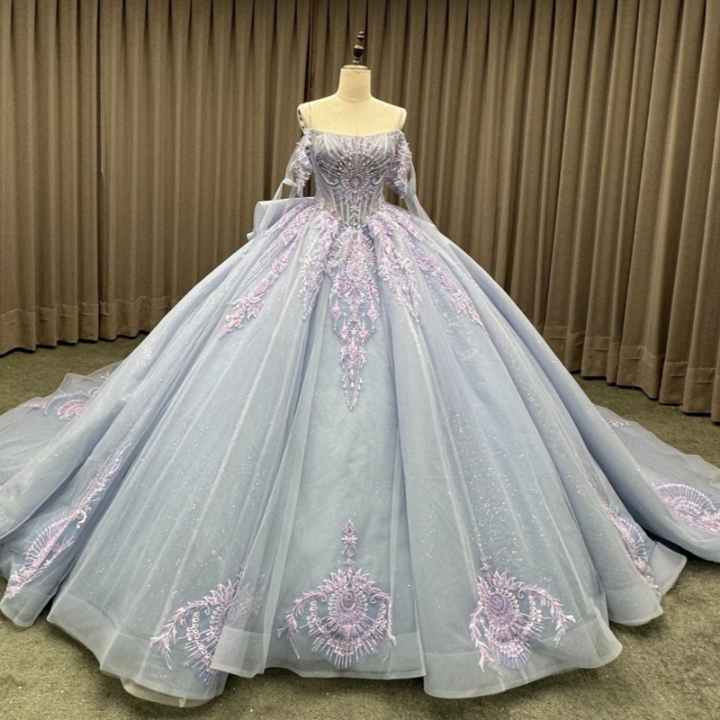 Blue Quinceanera Dresses Off The Shoulder Applique Lace Beading Crystal Bow Tull Party Birthday Sweet 16 Dress Vestidos 15 De Anos