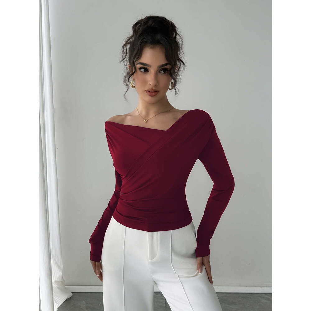 2025 Autumn Winter New Solid Color Fashion Asymmetrical Neck Off-Shoulder Slimming Long Sleeve Versatile Commuter Top