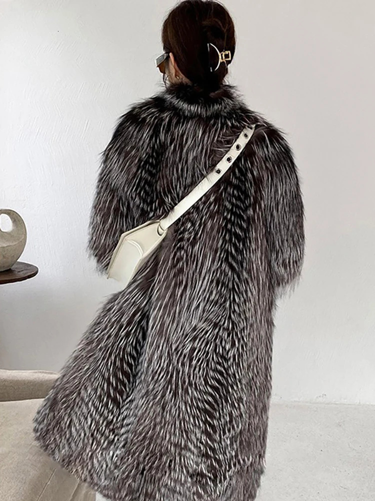 DEAT Fashion Silver Color Fur Long Coat Womens Lapel Loose Plush Thick Jacket Winter 7A1411 250930