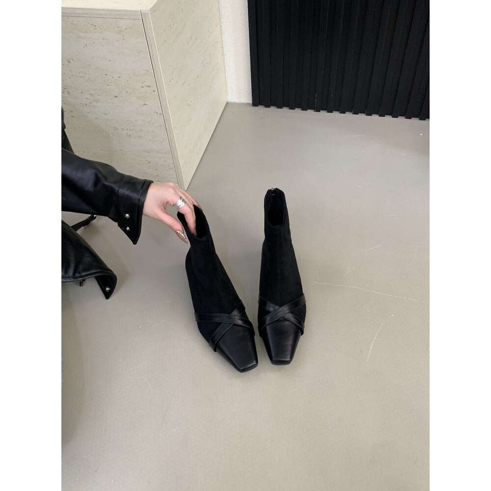 Spliced Square Toe Short for Women 2025 Autumn New Style Back Designer Shoe Zipper Slim Low heel Bare Simple Versatile Fashion Boots