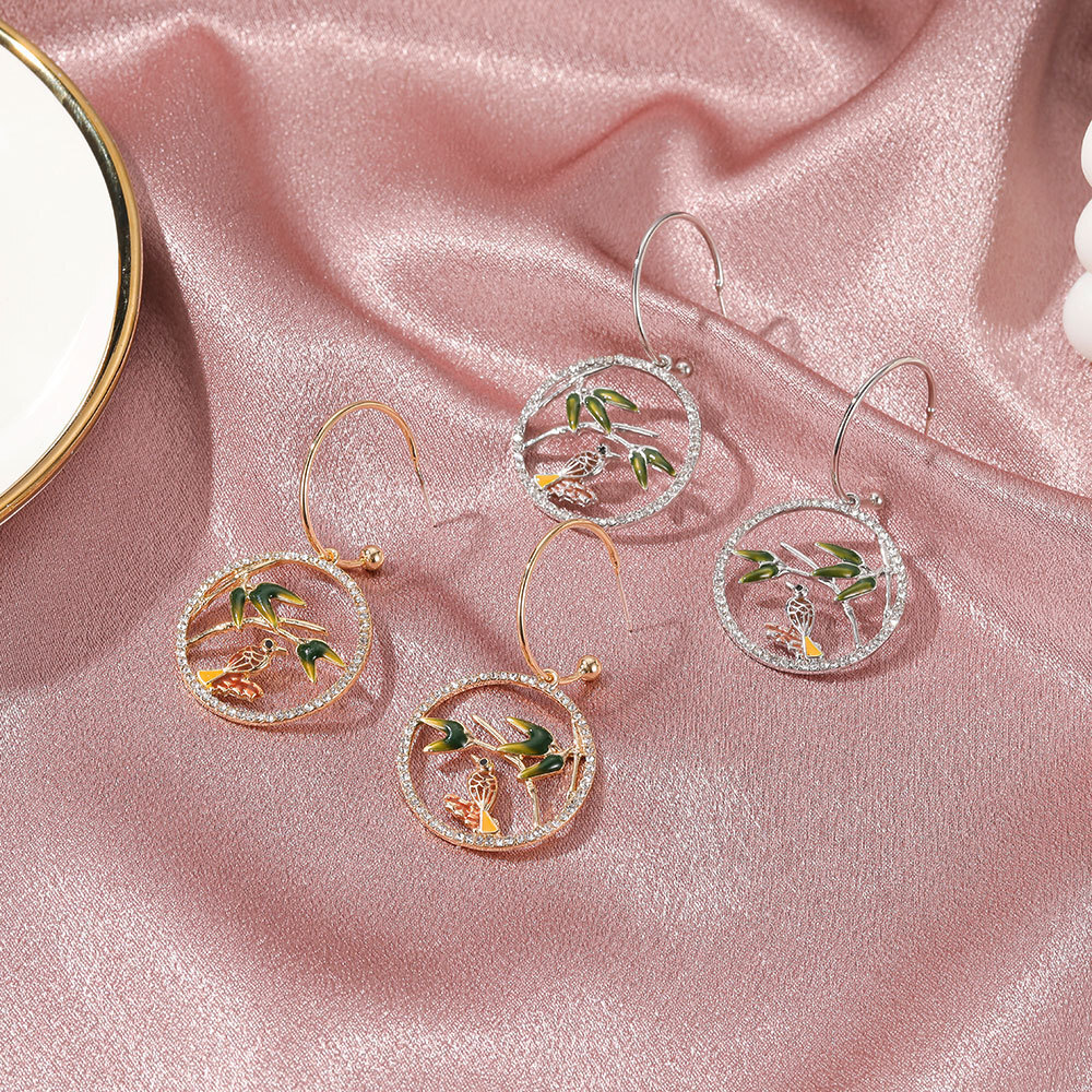 National Alloy Inlaid Dia Branch Bird High-End New Chinese Style Round for Women Simple Drop Earrings Jewelry