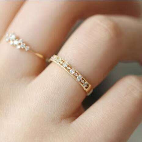 2-Piece Grass Stone Set New Silver gold Cute Thin Straight Pull Women Small Eternal Stacking Ring for Girls