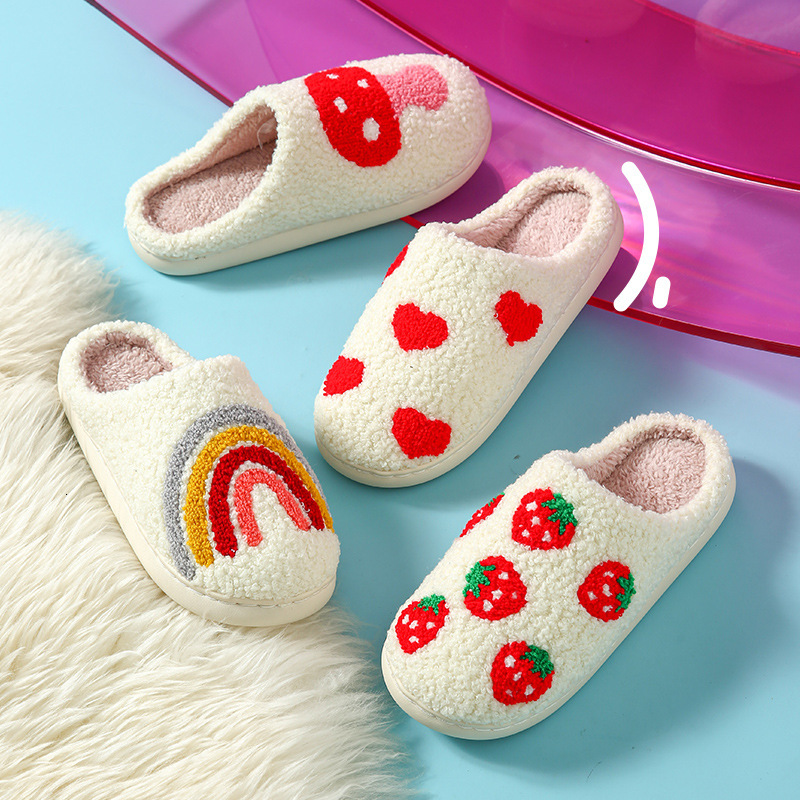 Mushroom Smiley Face Winter Plush Strawberry Rainbow Heart Towel Embroidered Cotton Slippers ddmymarket