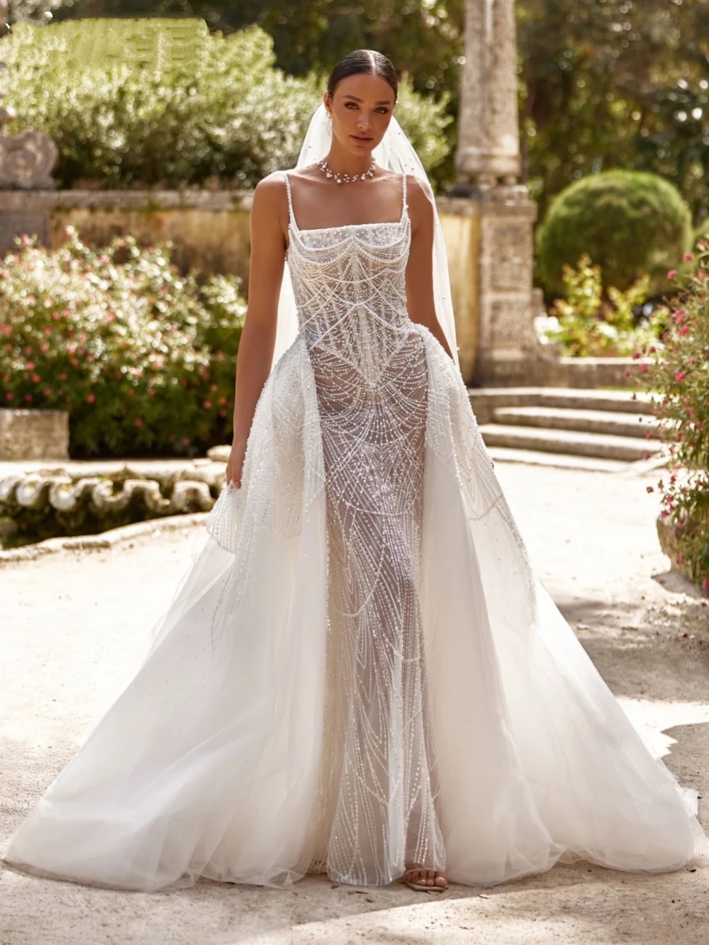 Gorgeous Wedding Dresses Pearls Spaghetti Straps Bridal Gowns Detachable Train See Through Sleeveless Mermaid Customized Vestidos De Novia Plus Size