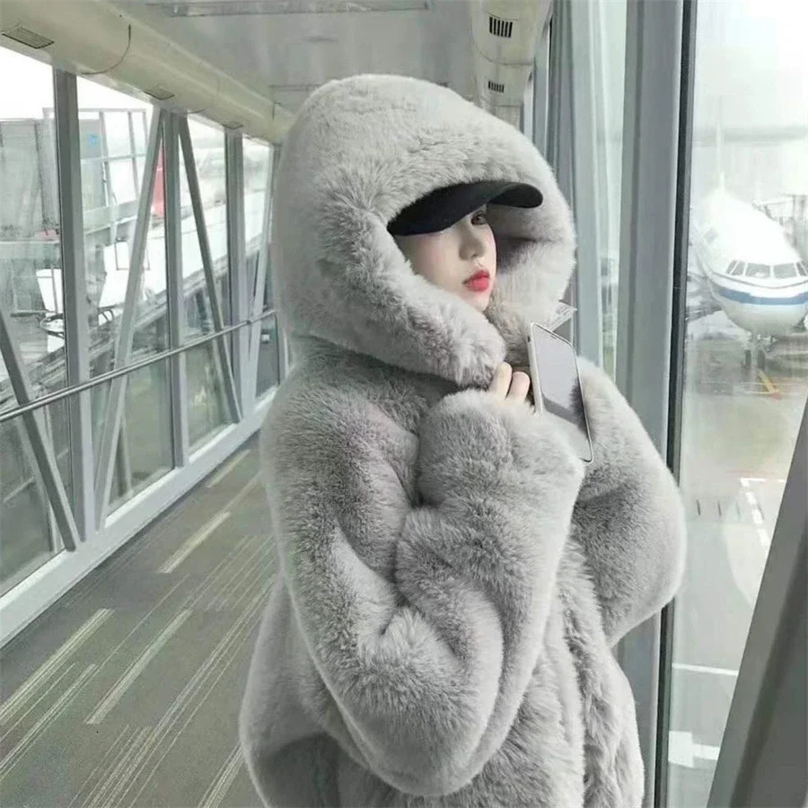 Snow Wear Hooded Faux Fur Jacket Casual Thick Short Rabbit Plush Coats Warm Winter Cotton Lined Furry Casaco A924 250930