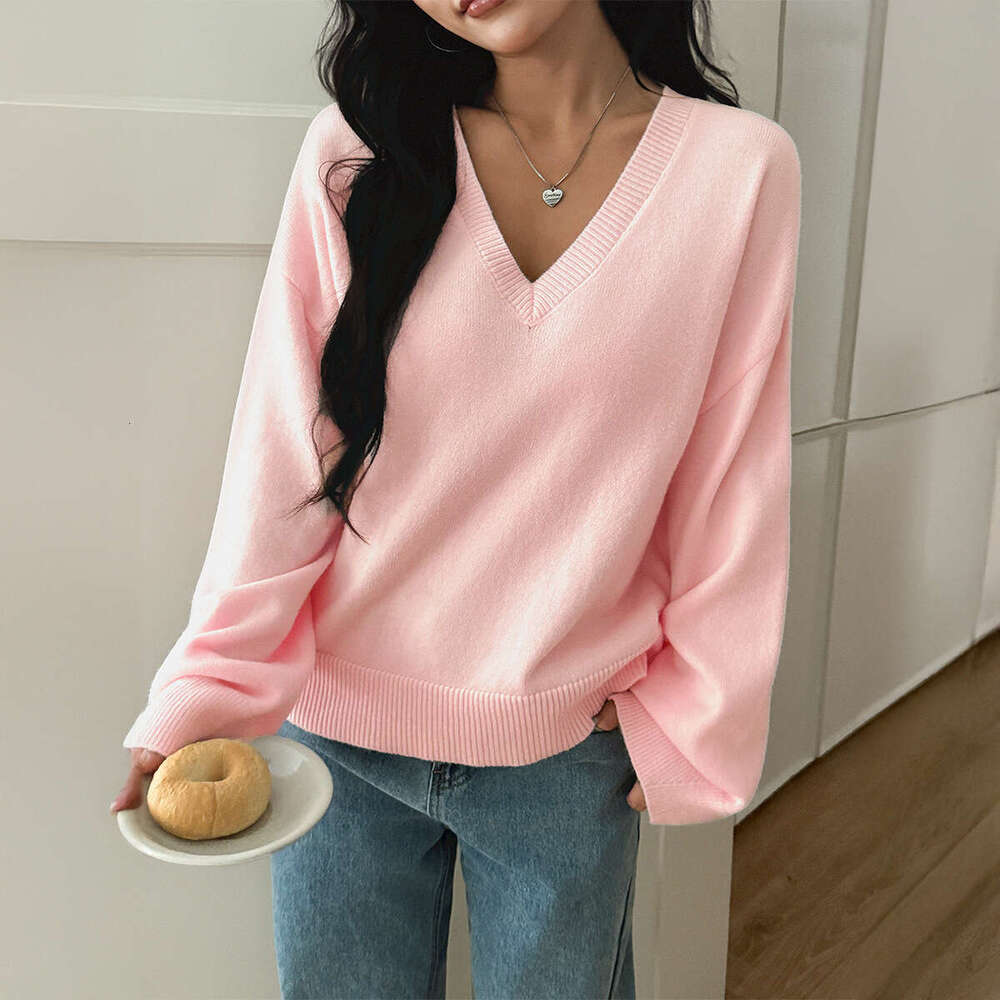 Y2K Hot Girl Style V-Neck Solid Color Long Sleeve Sweater Knitted Women's Clothing 2025 Autumn Winter