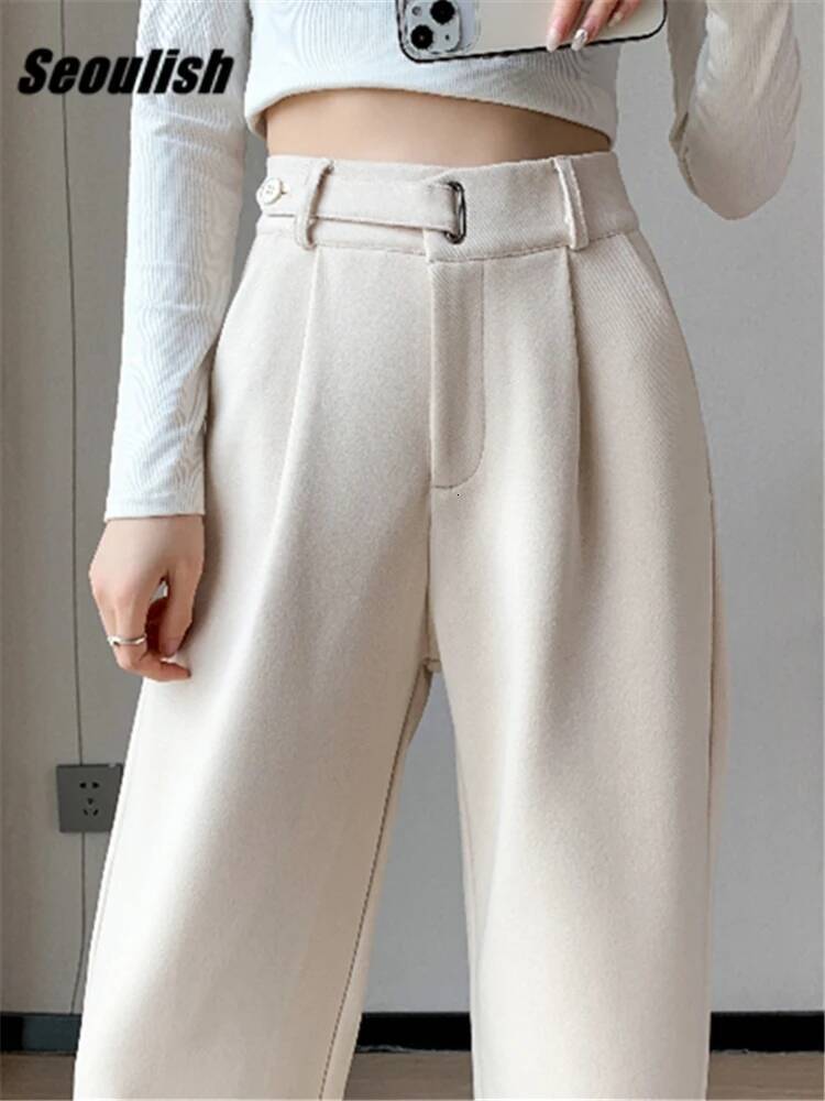 Seoulish Autumn Winter Thicken Woolen Casual Loose Full Length Pants 2025 New Button High Waist Chic Wide Leg Trousers Female dongdumaoyi