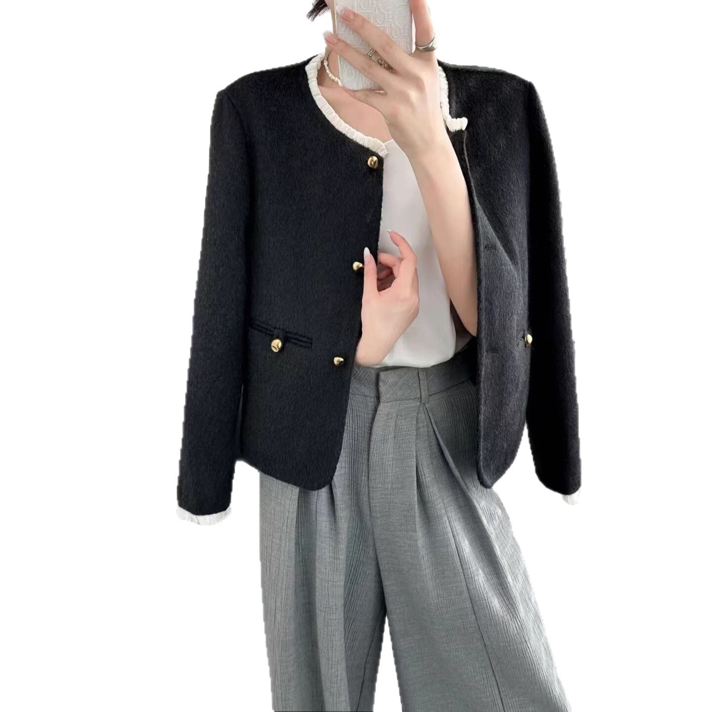 2025 autumn and winter coarse wool short jacket new double-sided wool women's short elegant Korean designer jacket round neck luxury wool jacket 