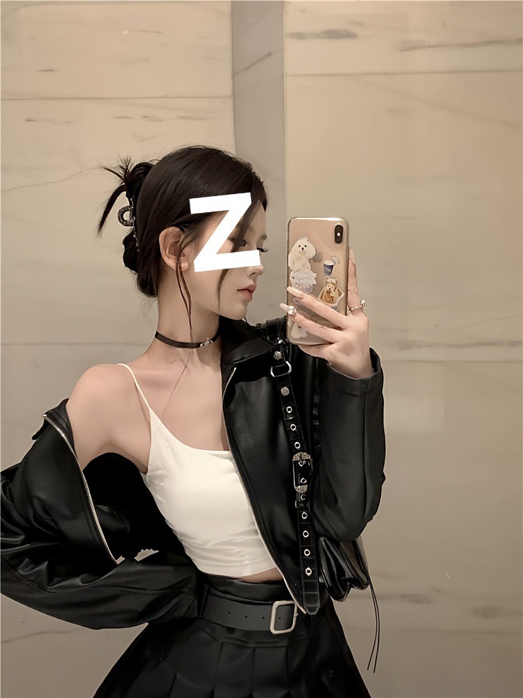 Spicy Girl Short Leather Jacket and Leather Mini Skirt Set for Women Cool and Stylish College Style Black Motorcycle Jacket Full Set 250122