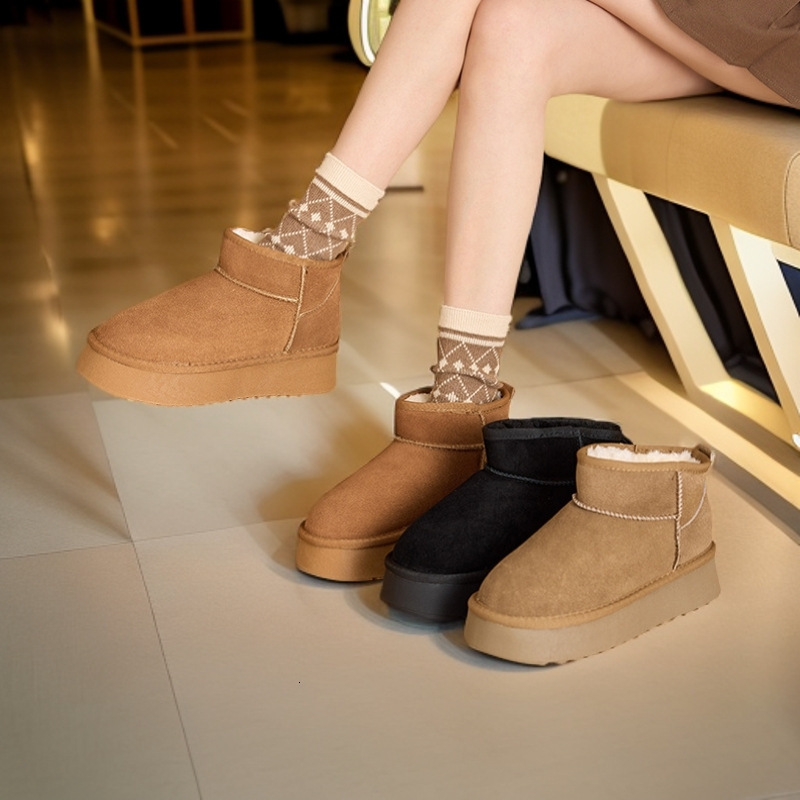New winter short boots suede leather thick soled women's snow boots wool lining thickened casual cotton shoes designer shoes