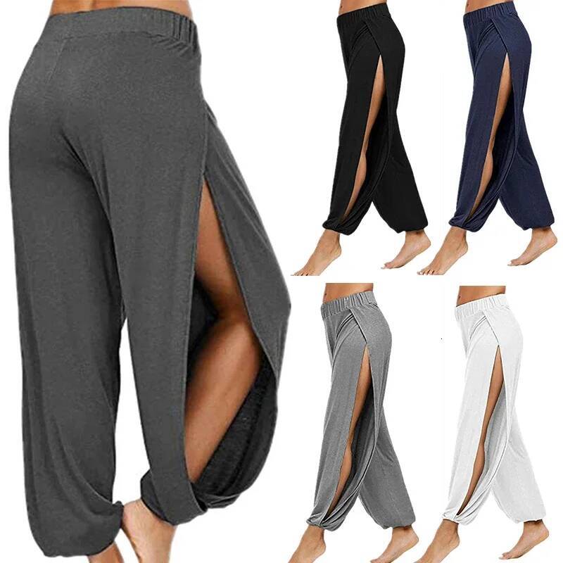 Summer High Slit Haren for Women Sports Yoga Solid Loose Hippie Harem Wide Leg Pants Trousers dongdumaoyi