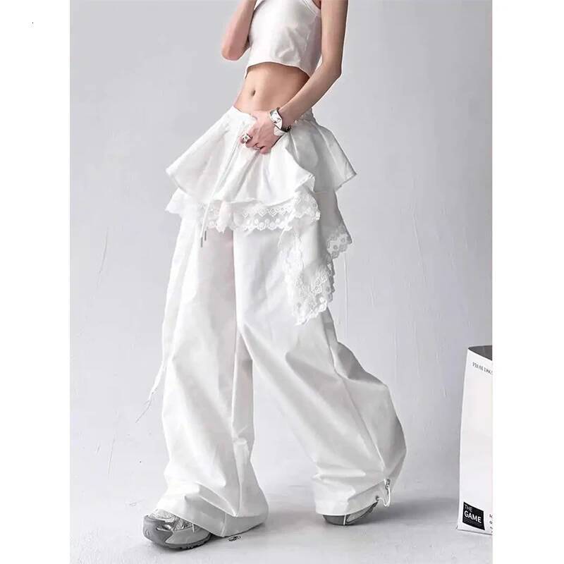 Y2K Black Cargo Women Streetwear Lace Patchwork White Wide Leg Pants Summer Gyaru Haruku Korean Baggy Trousers New dongdumaoyi