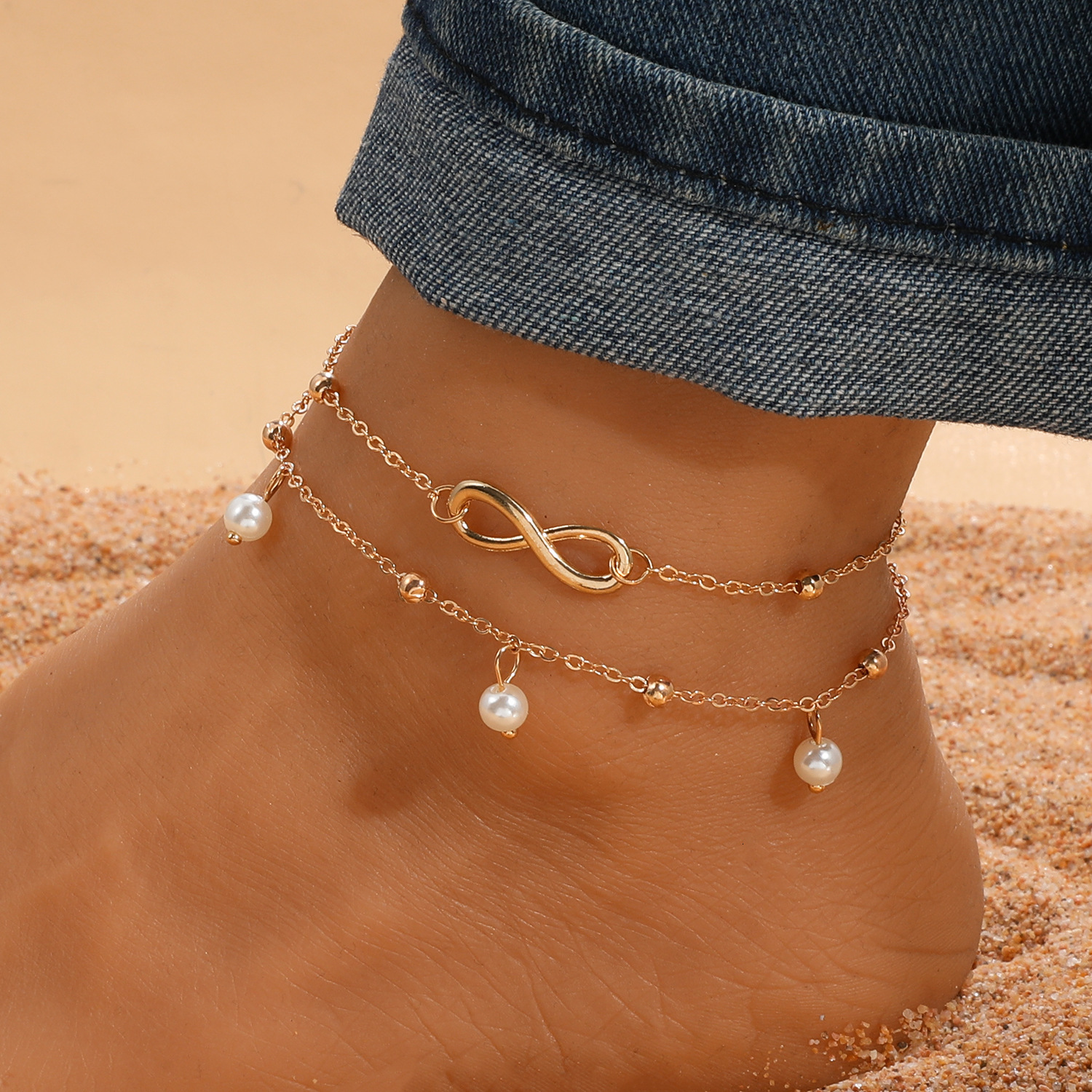Fashion Hot-Selling Pearl Figure-8 Anklet Women Handmade Beaded Double Chain Accessories Beach Foot Jewelry