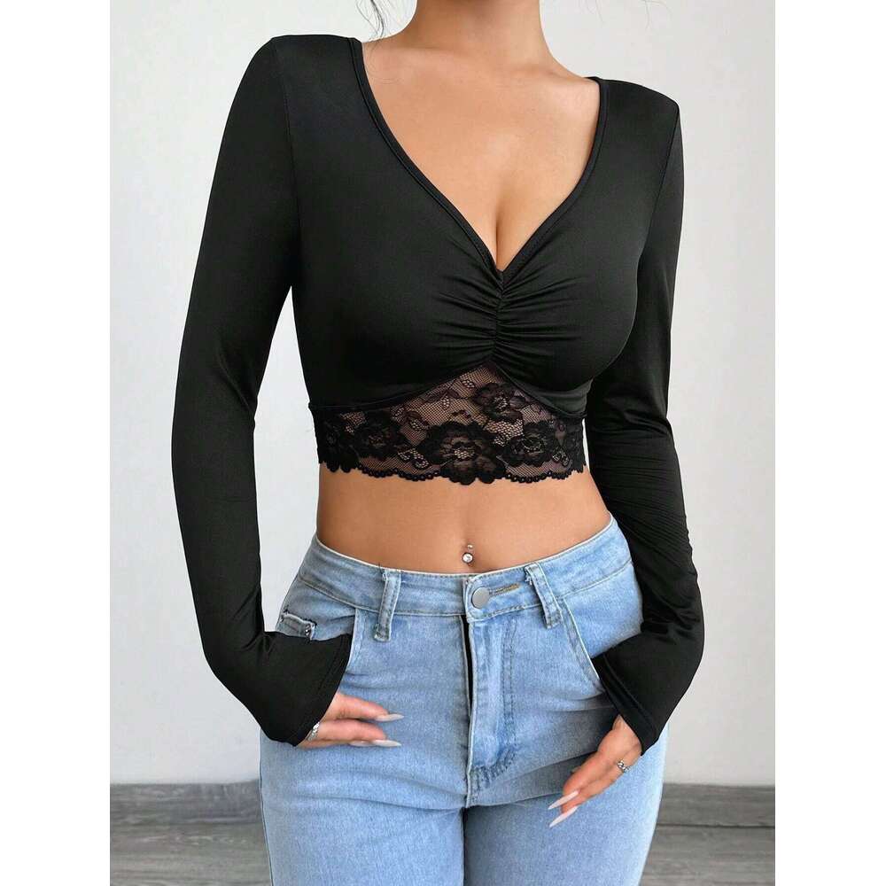 2025 New Women's Deep V-neck Long Sleeve Lace Patchwork Ruched Short T-shirt Top