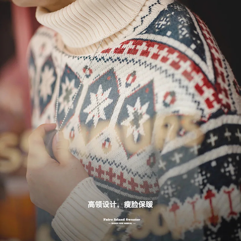 Maden Vintage Fair Isle Knitted Sweater Christmas Warm Turtleneck Knitted Pullover Barnstyle Warm Knitwear for Mens Winter 250930