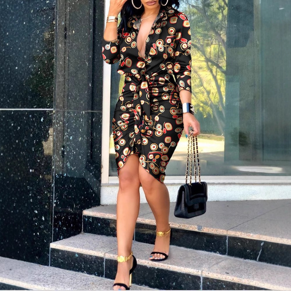 L105Summer V-neck lace-up solid color long-sleeved mid-length shirt dress for women