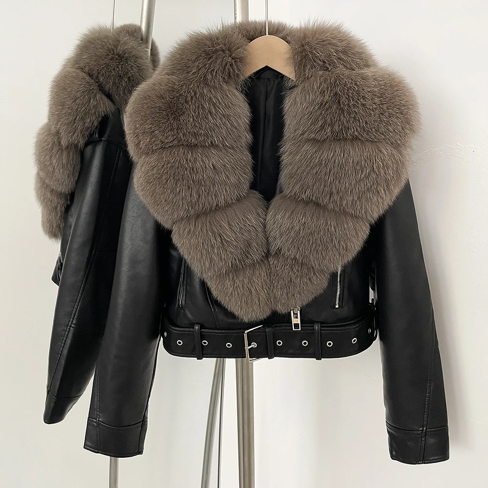 OFTBUY Natural Fur Faux Leather Jacket Female Autumn Short Top Clothing Women Long Sleeve Real Coat 250930