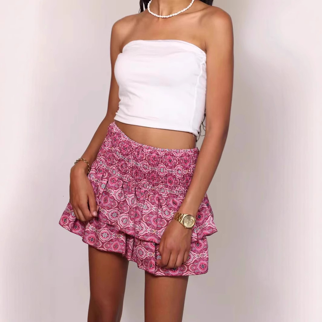 2025 New Women's Pleated Ruffle Print Fashion Floral Short Skirt dongdumaoyi