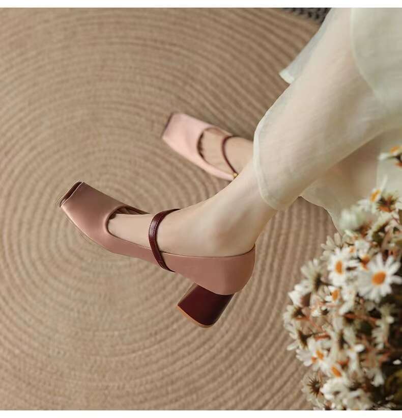 High heels Designer Shoe Women 2025 Autumn Genuine Soft Leather Pink Pig Nose Square Toe French Style heelegant Chunky heel Mary Jane Single Shoes