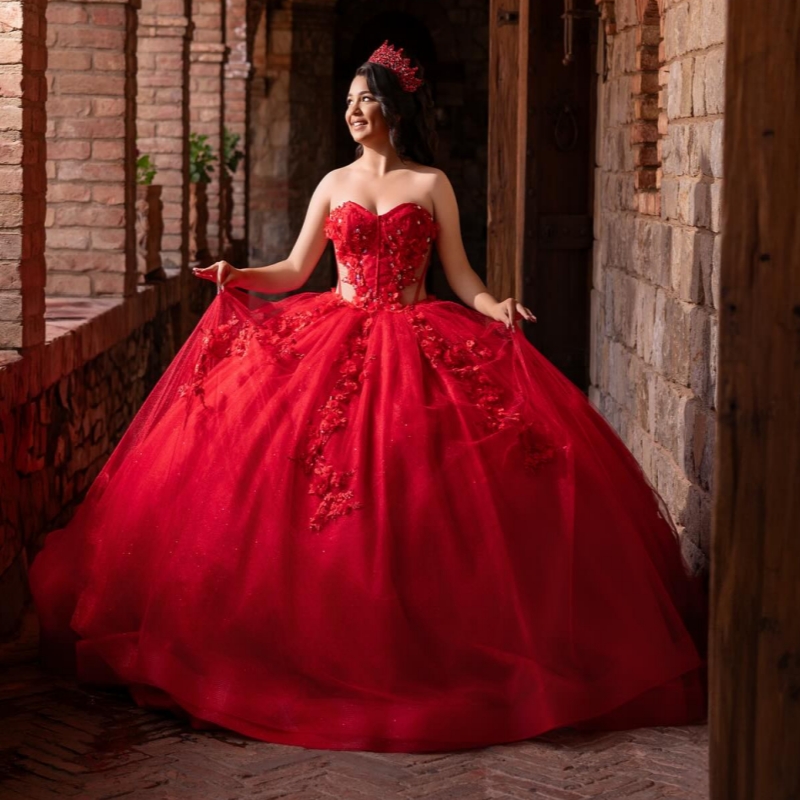 Red Quinceanera Dresses Off The Shoulder Applique Flower Beading Crystal Bow Tull Party Birthday Sweet 16 Dress Vestidos 15 De Anos