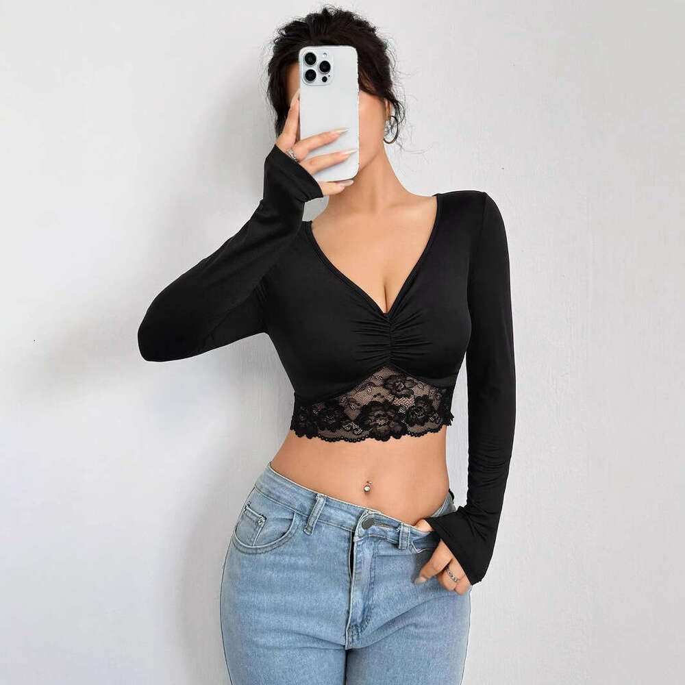 2025 New Women's Deep V-neck Long Sleeve Lace Patchwork Ruched Short T-shirt Top